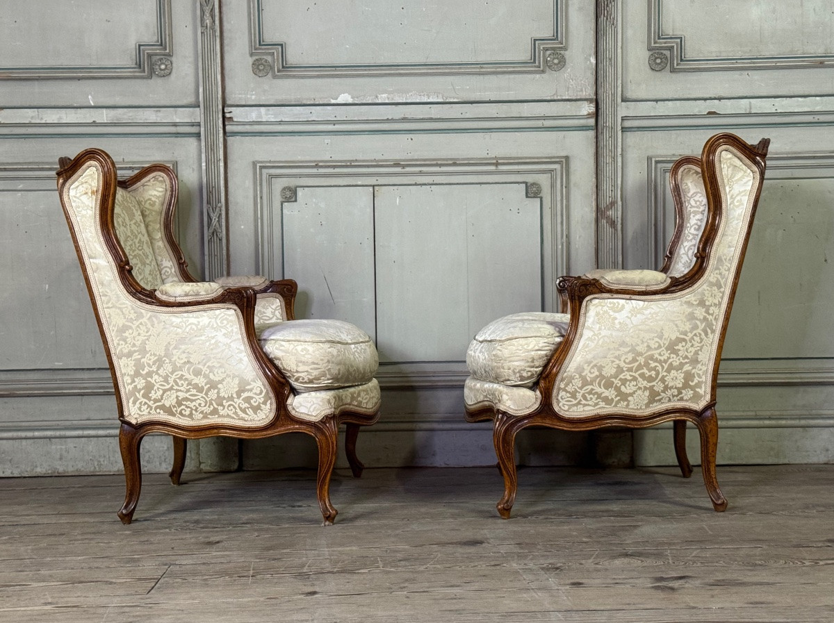 Pair Of Small Louis XV Style Wing Chairs In Carved Walnut, Bosson Stamp, -photo-2