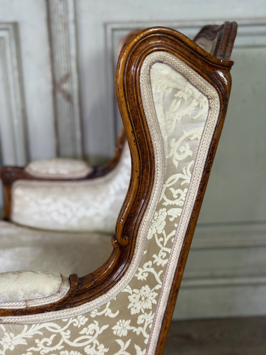 Pair Of Small Louis XV Style Wing Chairs In Carved Walnut, Bosson Stamp, -photo-3