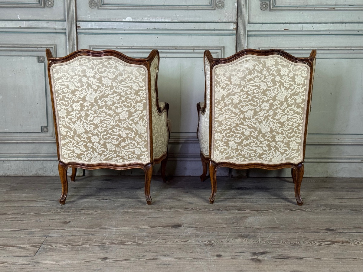 Pair Of Small Louis XV Style Wing Chairs In Carved Walnut, Bosson Stamp, -photo-8
