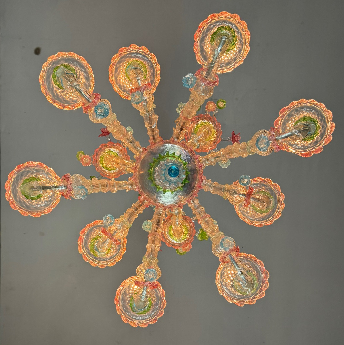 Rezzonico Venetian Chandelier In Multi-colored Murano Glass, 9 Light Arms, Circa 1940-photo-2