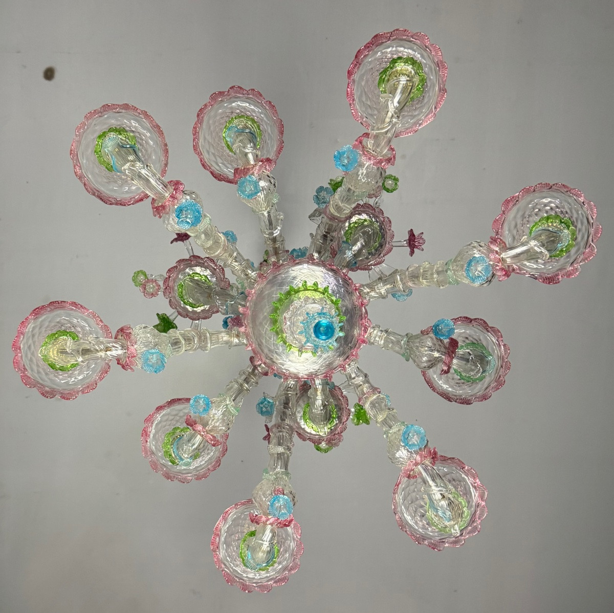 Rezzonico Venetian Chandelier In Multi-colored Murano Glass, 9 Light Arms, Circa 1940-photo-3