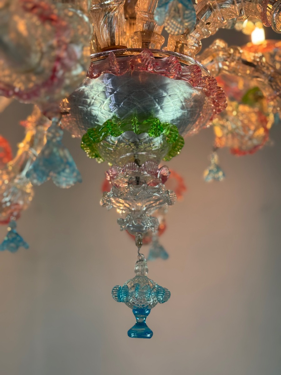 Rezzonico Venetian Chandelier In Multi-colored Murano Glass, 9 Light Arms, Circa 1940-photo-1