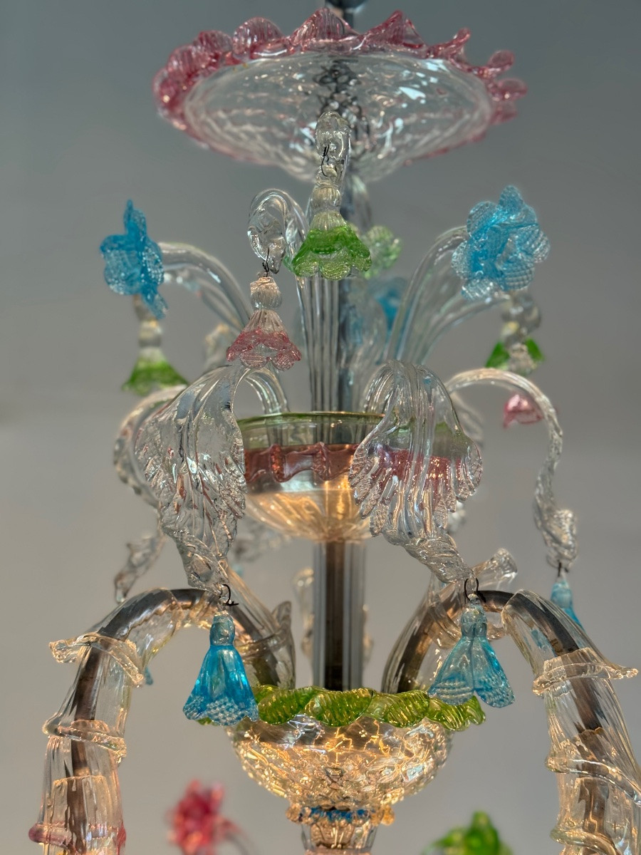 Rezzonico Venetian Chandelier In Multi-colored Murano Glass, 9 Light Arms, Circa 1940-photo-3