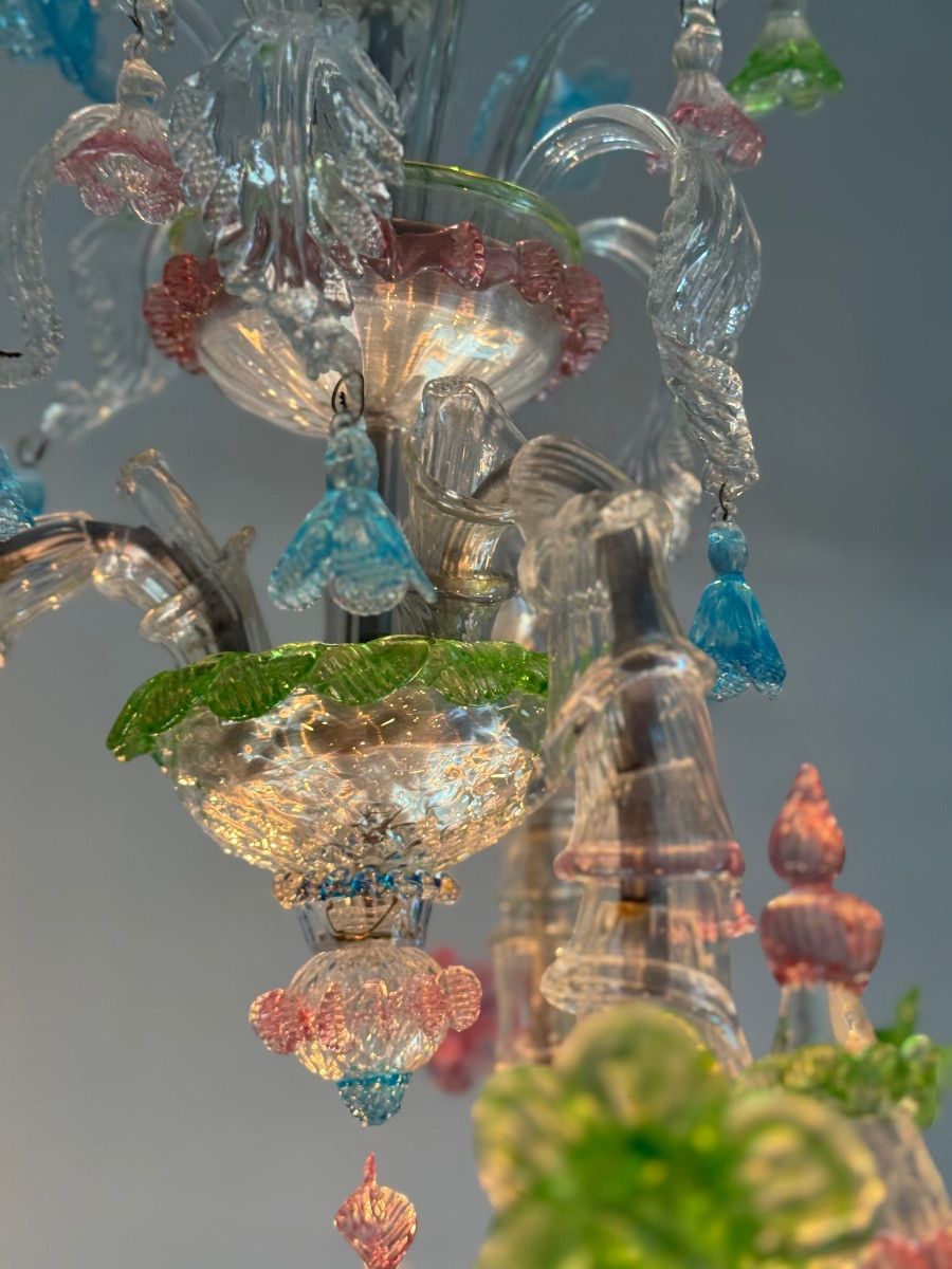 Rezzonico Venetian Chandelier In Multi-colored Murano Glass, 9 Light Arms, Circa 1940-photo-6