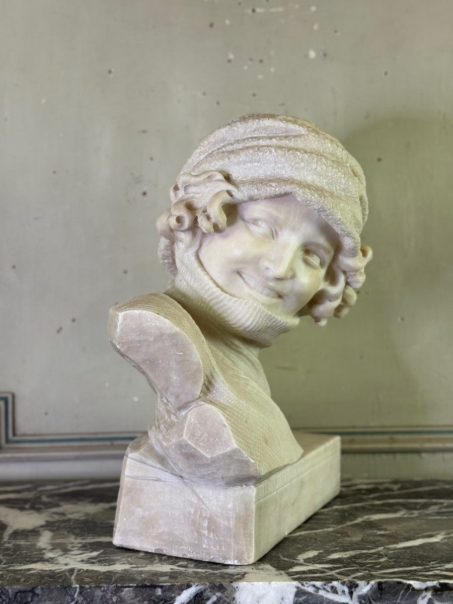 Buste en albâtre d’une jeune fille au col roulé, signature Caloni, Italie vers 1900 -photo-2