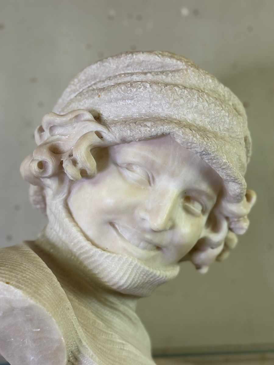 Buste en albâtre d’une jeune fille au col roulé, signature Caloni, Italie vers 1900 -photo-3