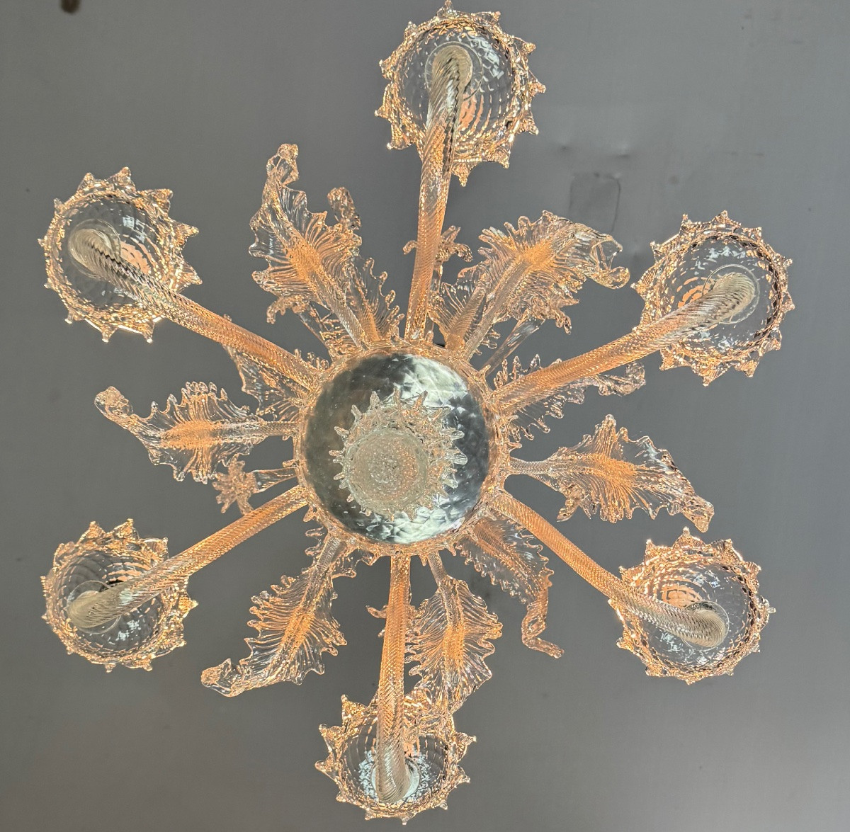 Lustre vénitien en verre de Murano incolore  6 bras de lumière vers 1940-photo-4