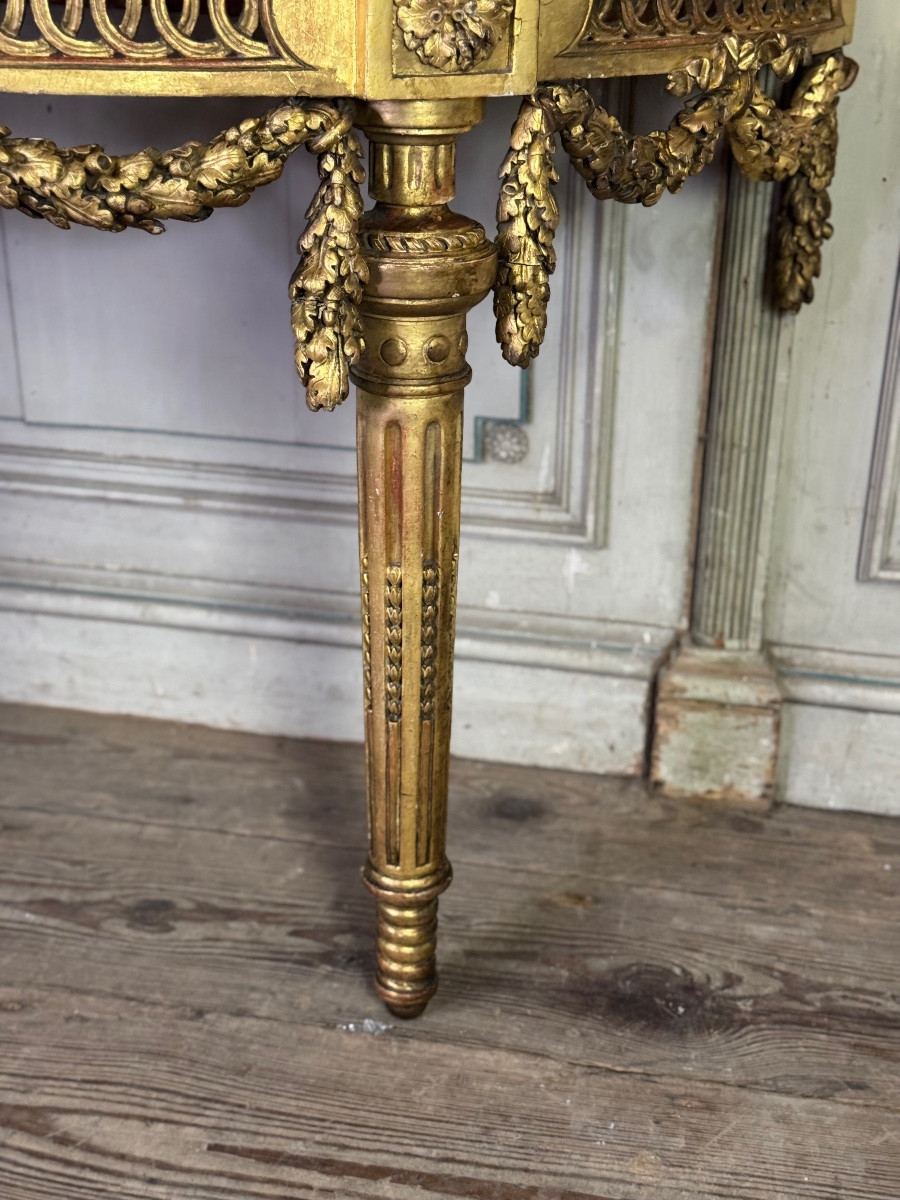 Console Louis XVI en bois sculpté et doré marbre brocatelle du Jura, XVIIIème siècle -photo-1
