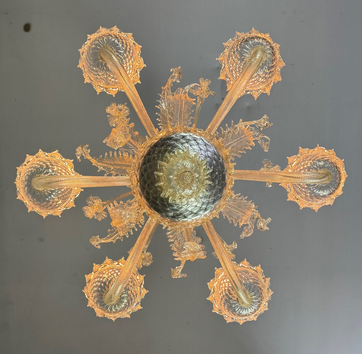 Lustre vénitien en verre de Murano doré, 6 bras de lumière vers 1940-photo-2