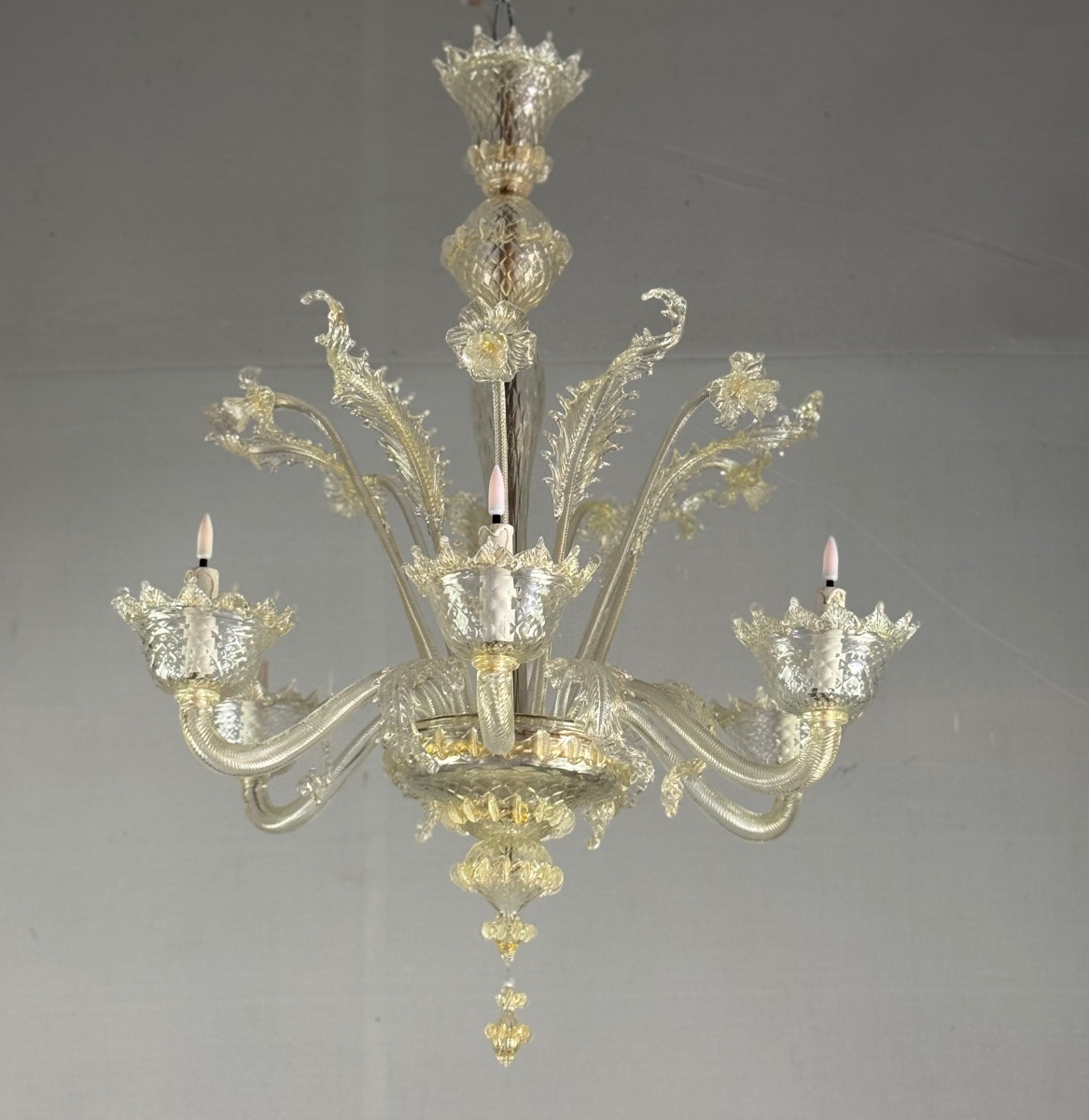 Lustre vénitien en verre de Murano doré, 6 bras de lumière vers 1940-photo-4