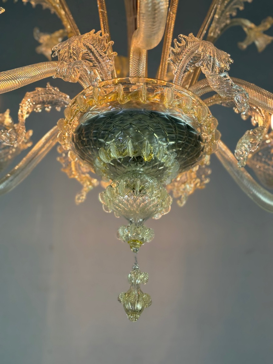Lustre vénitien en verre de Murano doré, 6 bras de lumière vers 1940-photo-1