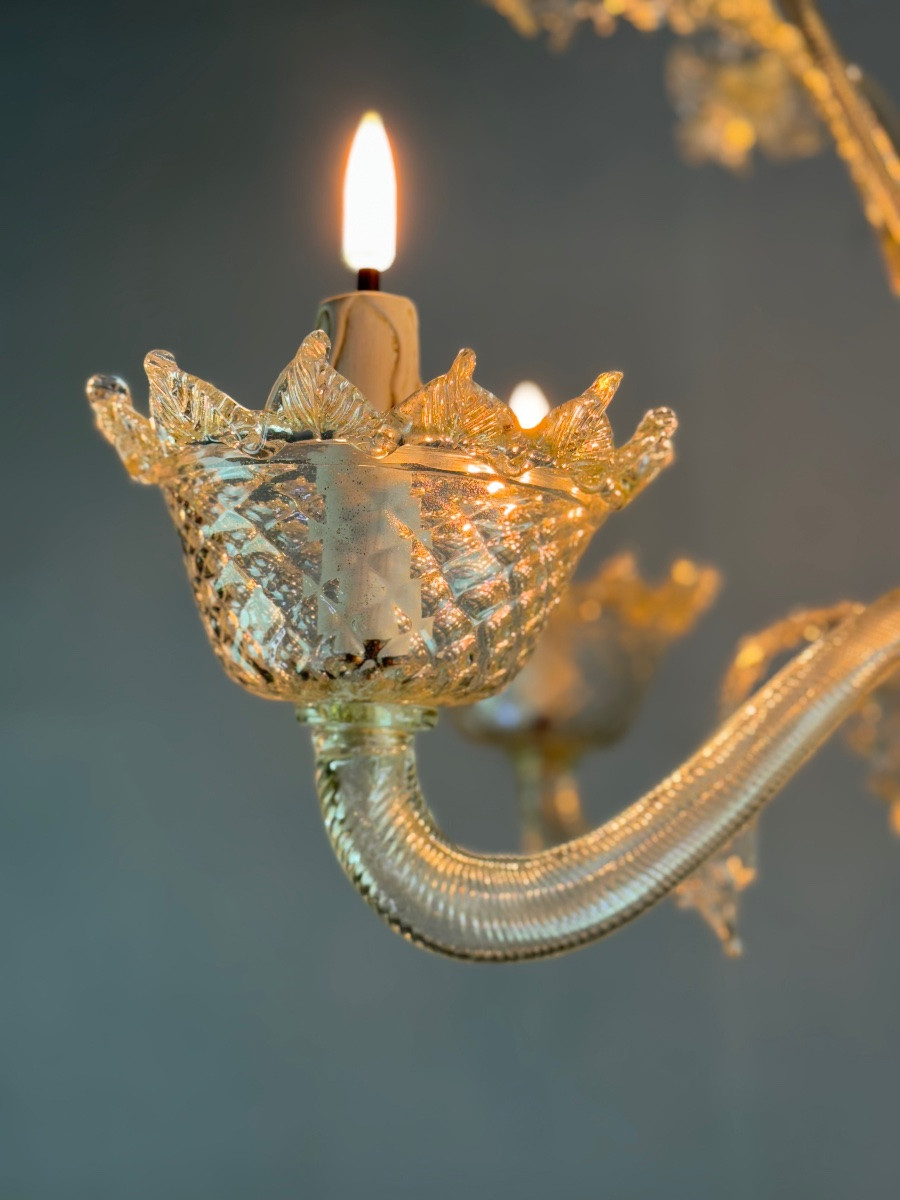 Lustre vénitien en verre de Murano doré, 6 bras de lumière vers 1940-photo-2