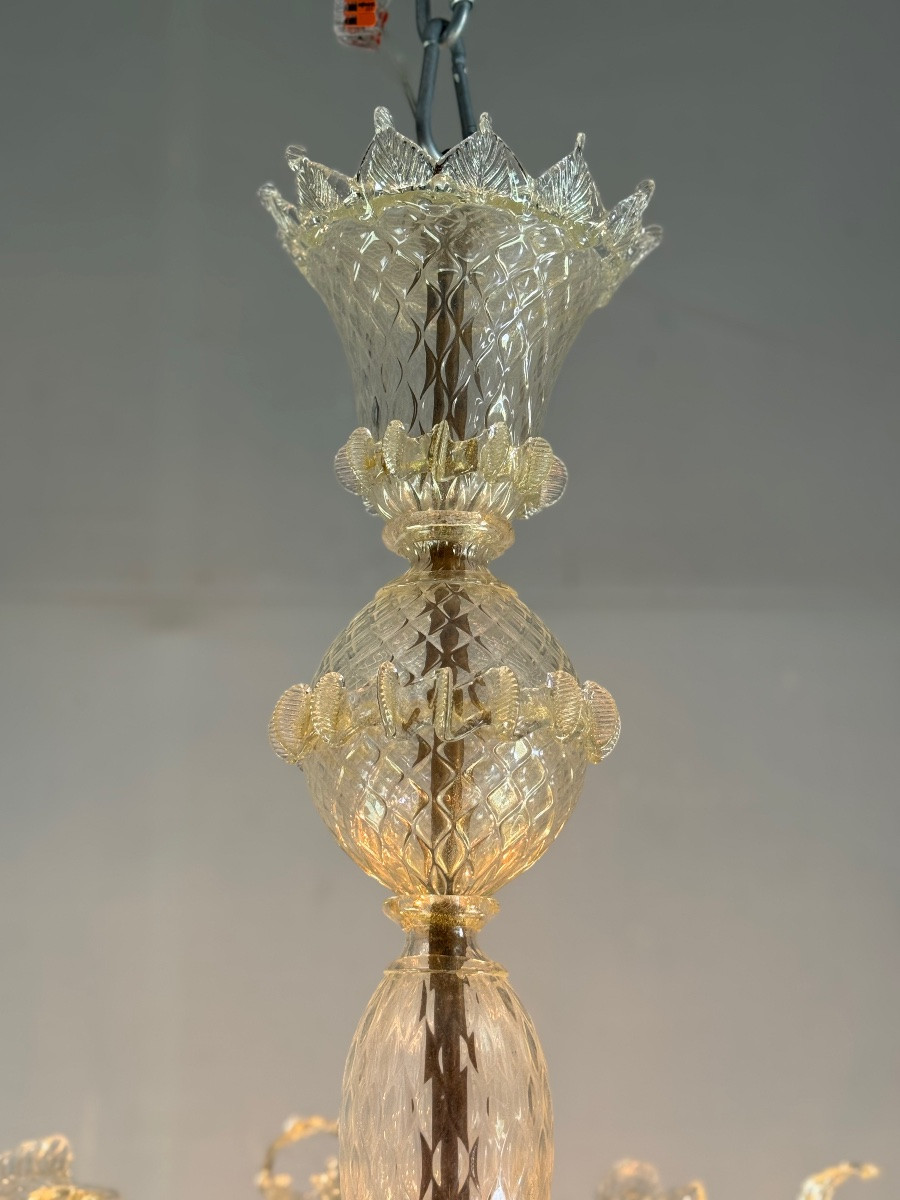 Lustre vénitien en verre de Murano doré, 6 bras de lumière vers 1940-photo-5