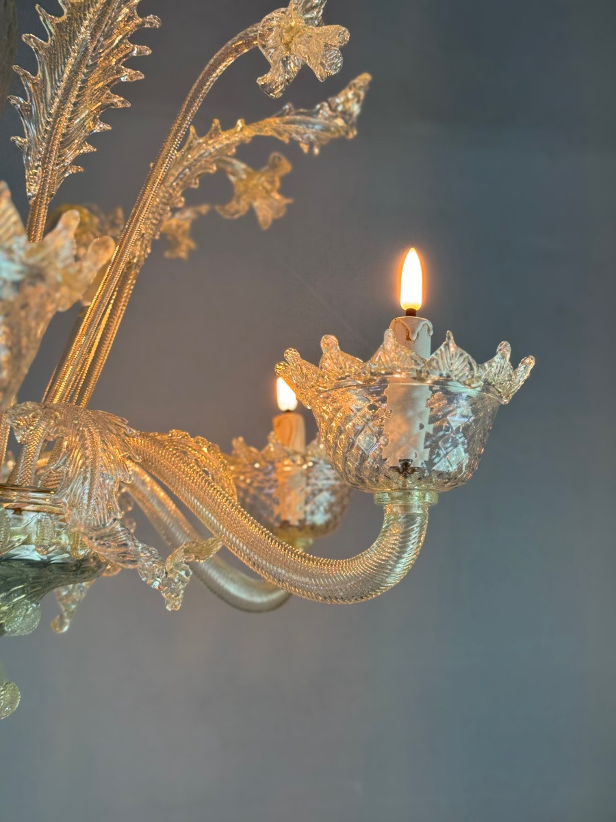 Lustre vénitien en verre de Murano doré, 6 bras de lumière vers 1940-photo-6