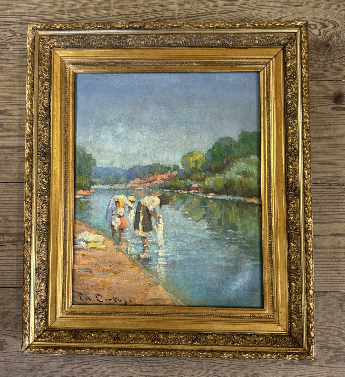 Édouard Cortes, (1882-1969), “Lavandières”, huile sur toile -photo-4