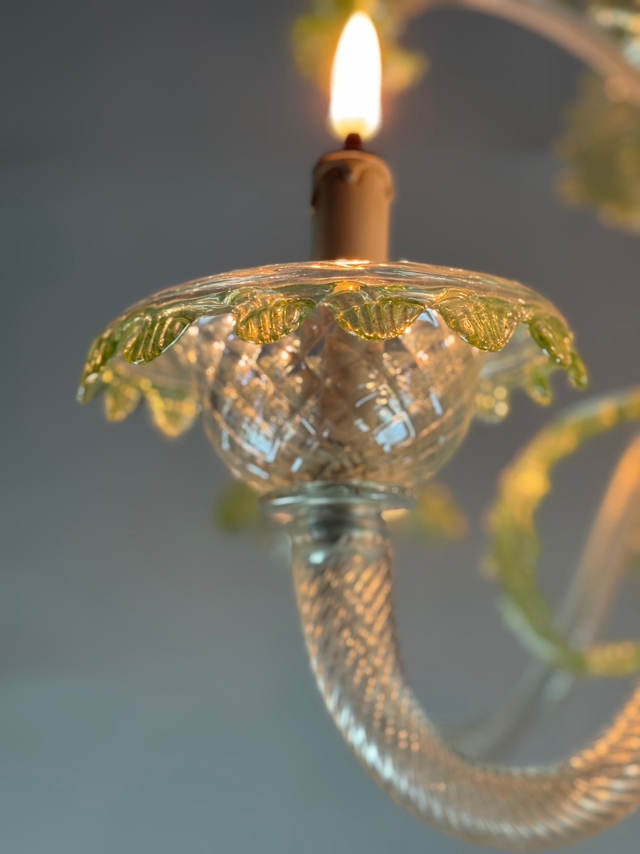 Lustre vénitien en verre de Murano incolore et vert, 6 bras de lumière vers 1940-photo-1