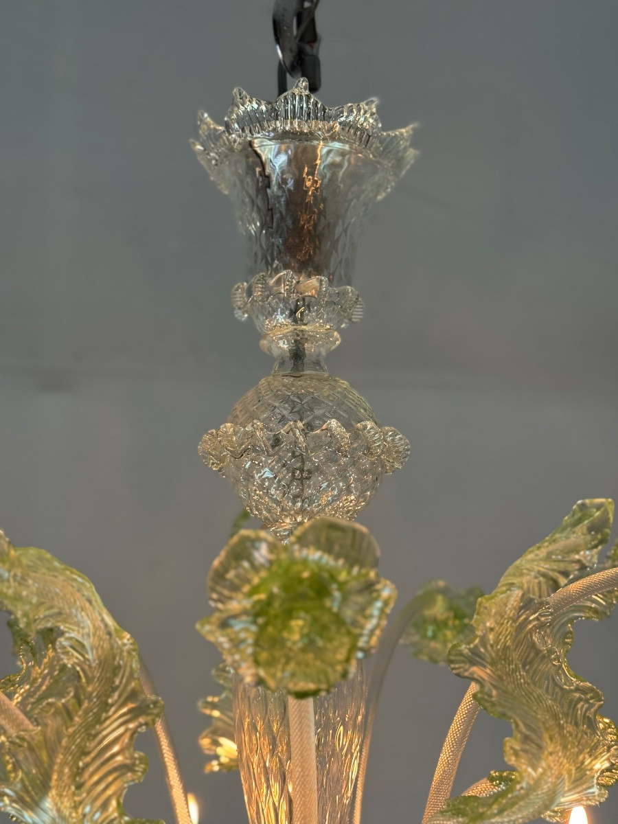 Lustre vénitien en verre de Murano incolore et vert, 6 bras de lumière vers 1940-photo-3