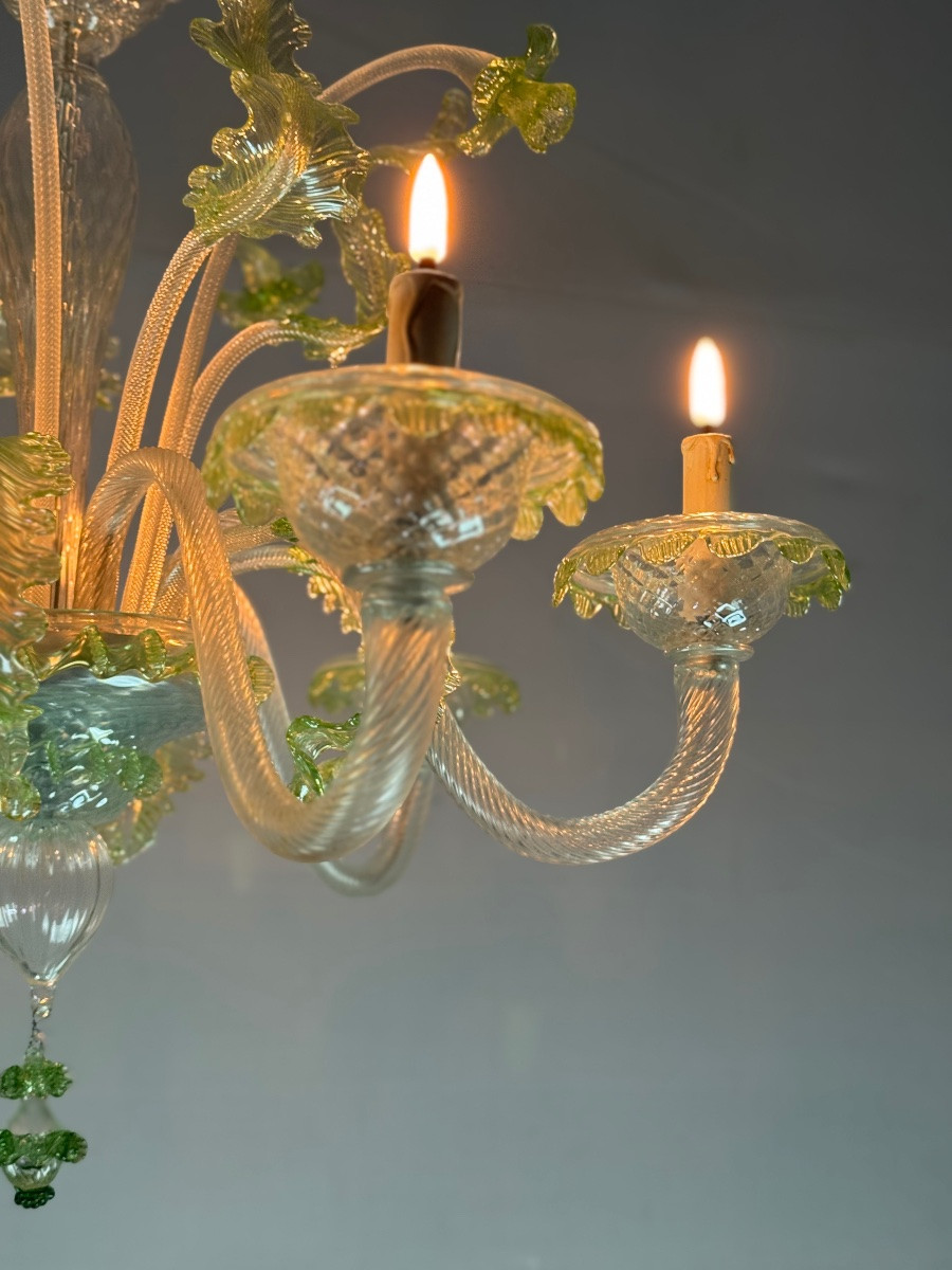 Lustre vénitien en verre de Murano incolore et vert, 6 bras de lumière vers 1940-photo-4