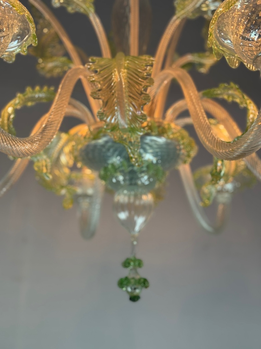 Lustre vénitien en verre de Murano incolore et vert, 6 bras de lumière vers 1940-photo-5