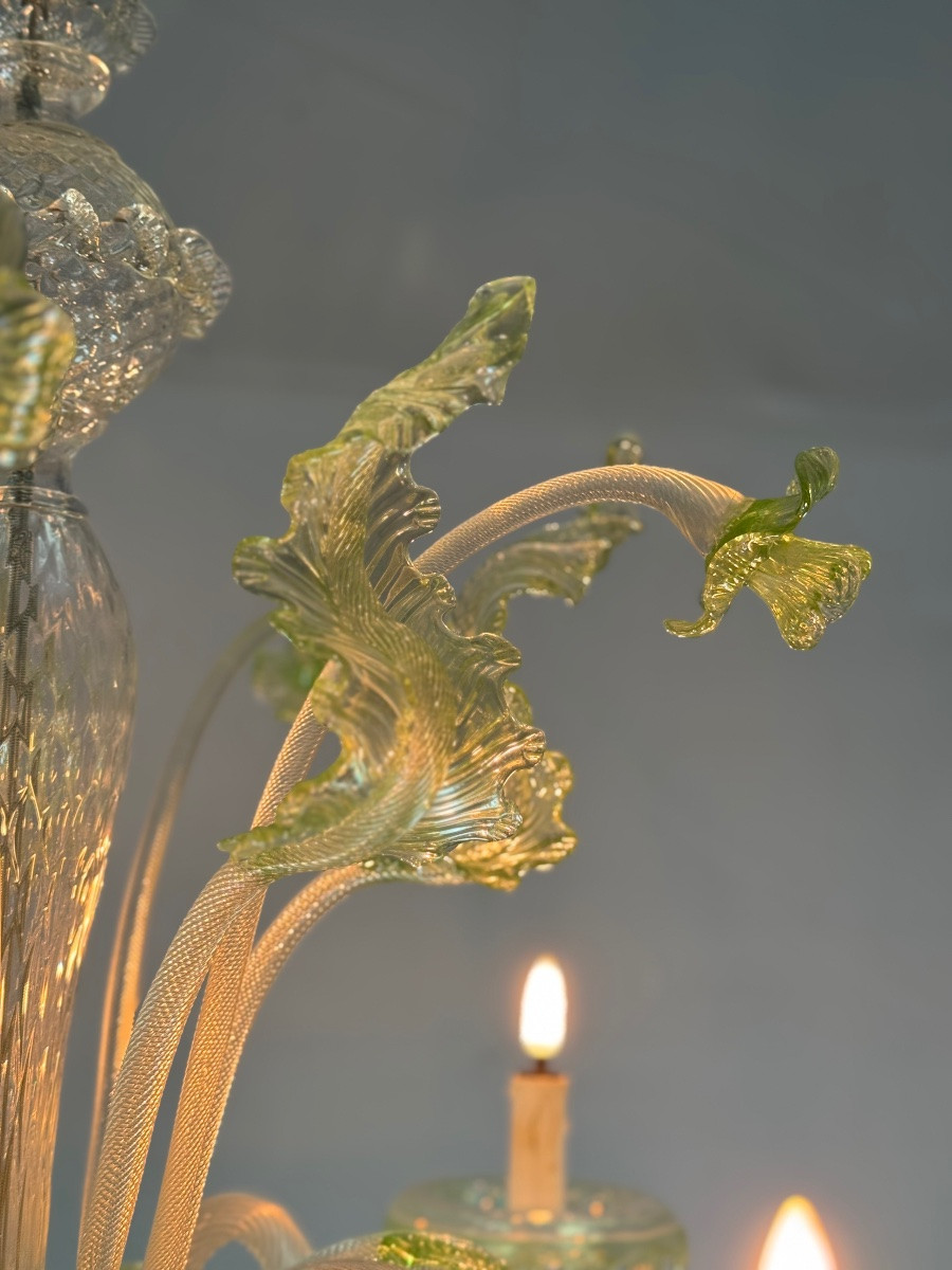 Lustre vénitien en verre de Murano incolore et vert, 6 bras de lumière vers 1940-photo-7