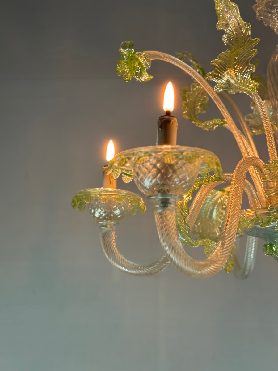 Lustre vénitien en verre de Murano incolore et vert, 6 bras de lumière vers 1940-photo-8