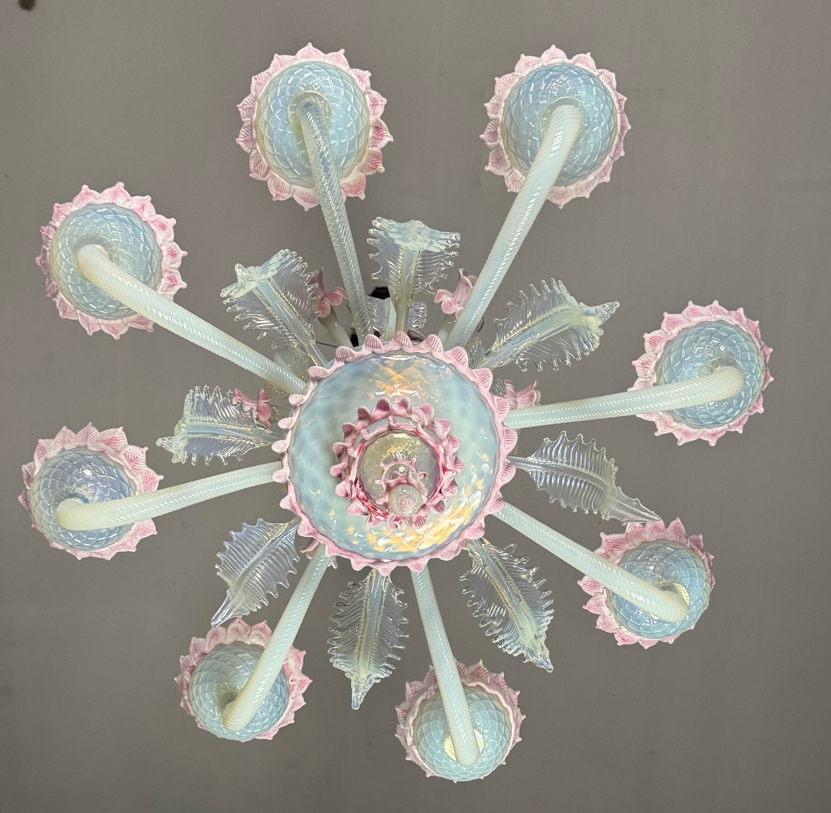 Venetian Chandelier In Blue And Pink Murano Glass, 8 Light Arms Circa 1940-photo-2