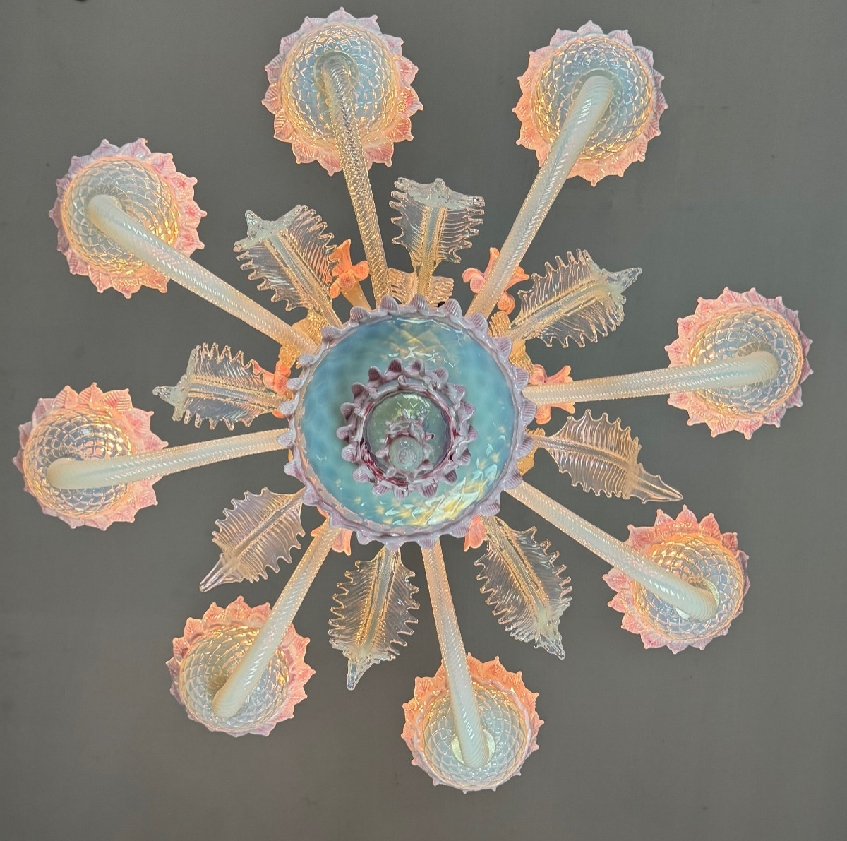 Venetian Chandelier In Blue And Pink Murano Glass, 8 Light Arms Circa 1940-photo-3