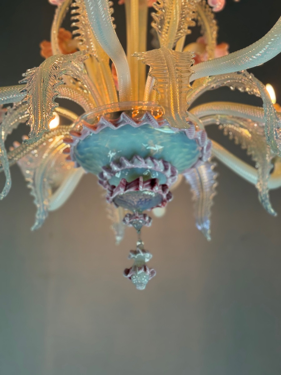 Venetian Chandelier In Blue And Pink Murano Glass, 8 Light Arms Circa 1940-photo-1