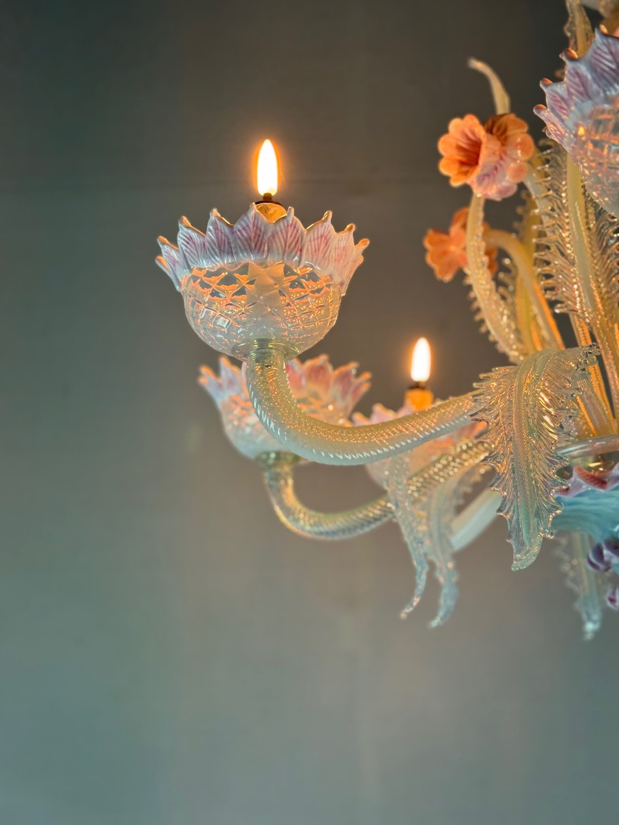 Venetian Chandelier In Blue And Pink Murano Glass, 8 Light Arms Circa 1940-photo-2