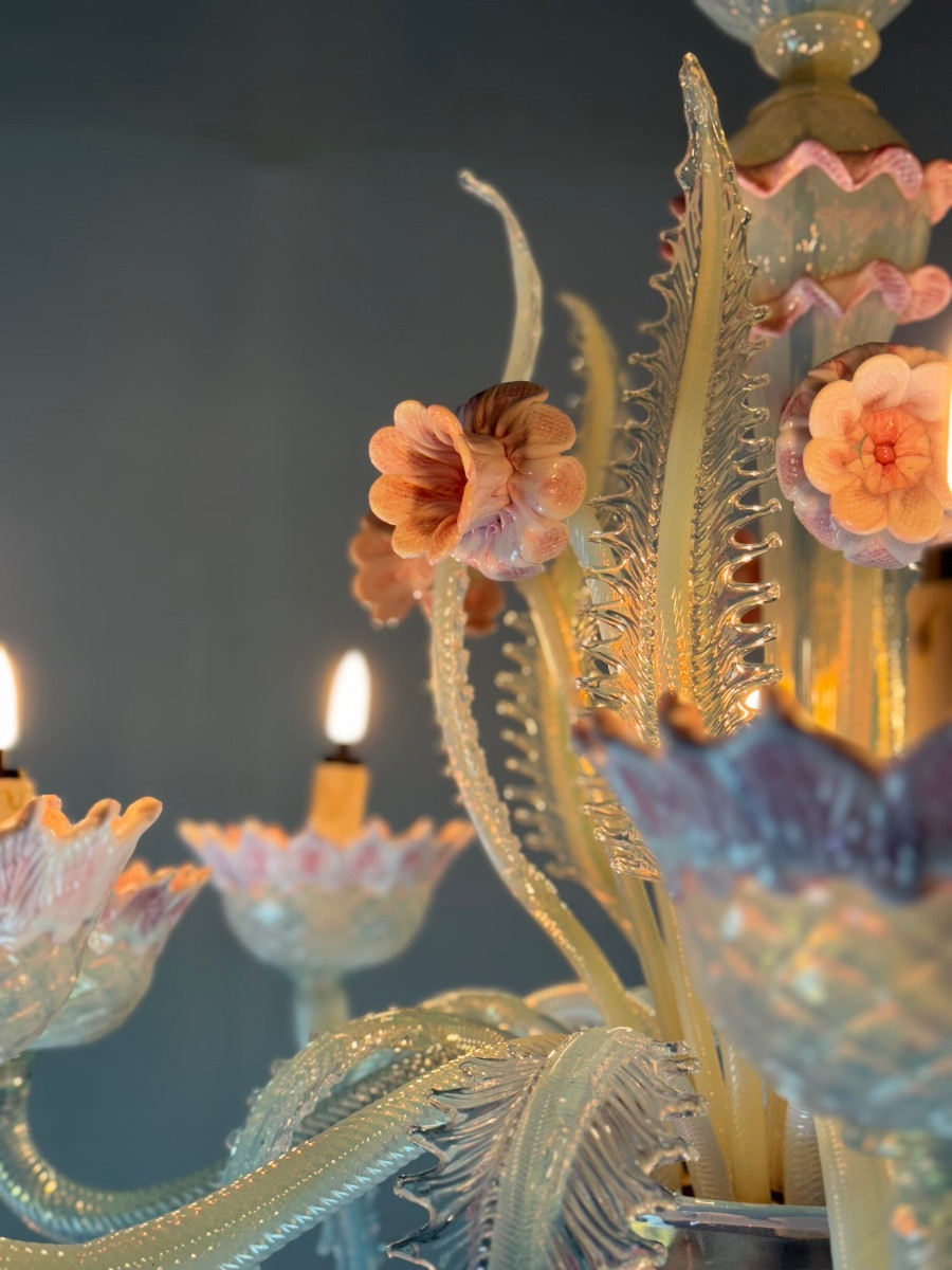 Venetian Chandelier In Blue And Pink Murano Glass, 8 Light Arms Circa 1940-photo-3