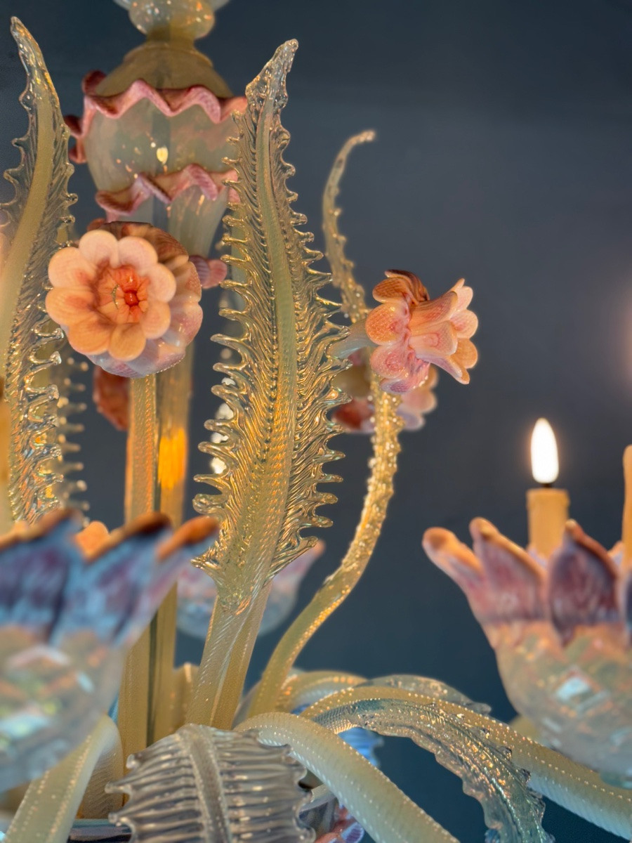 Venetian Chandelier In Blue And Pink Murano Glass, 8 Light Arms Circa 1940-photo-4