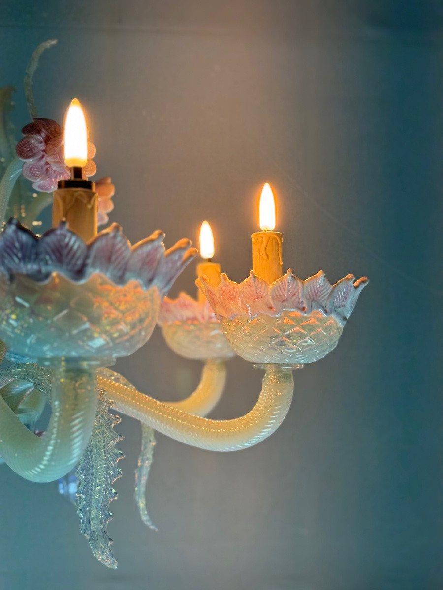 Venetian Chandelier In Blue And Pink Murano Glass, 8 Light Arms Circa 1940-photo-5