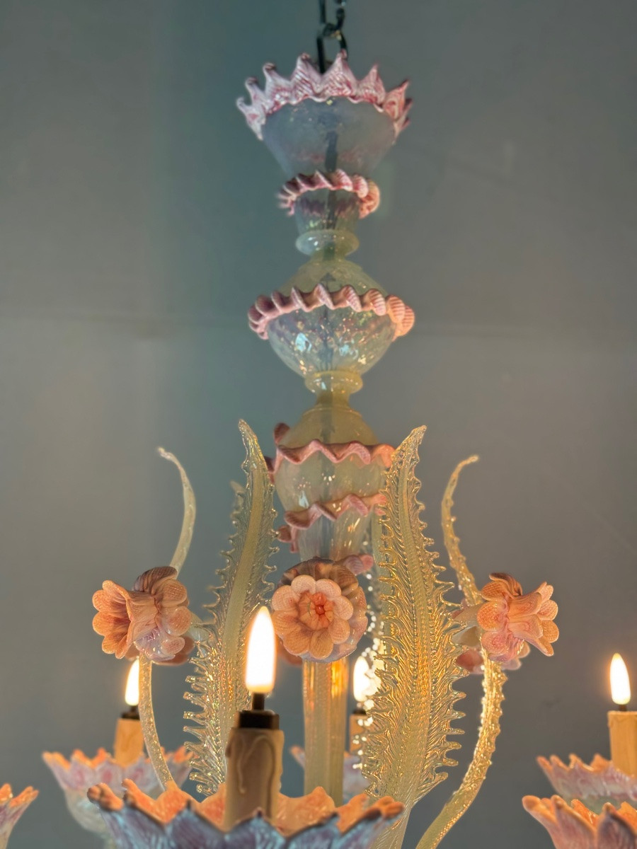 Venetian Chandelier In Blue And Pink Murano Glass, 8 Light Arms Circa 1940-photo-6