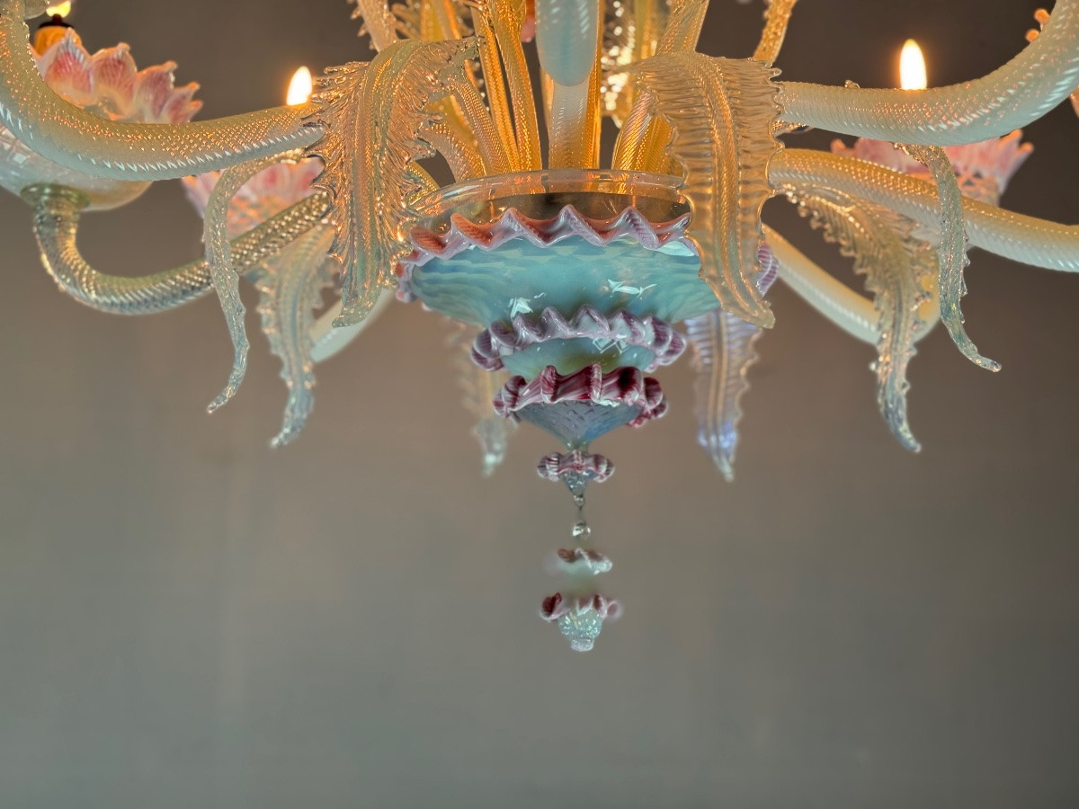 Venetian Chandelier In Blue And Pink Murano Glass, 8 Light Arms Circa 1940-photo-7