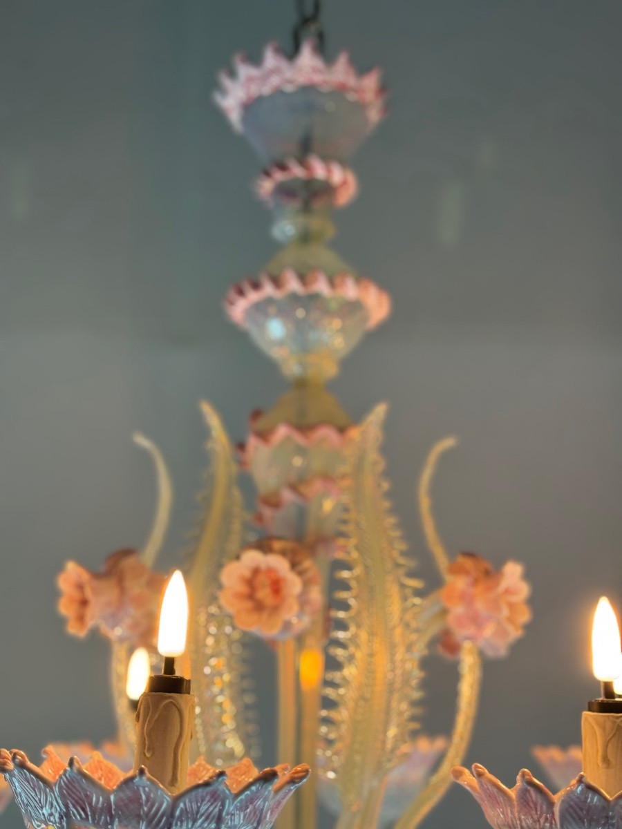 Venetian Chandelier In Blue And Pink Murano Glass, 8 Light Arms Circa 1940-photo-8