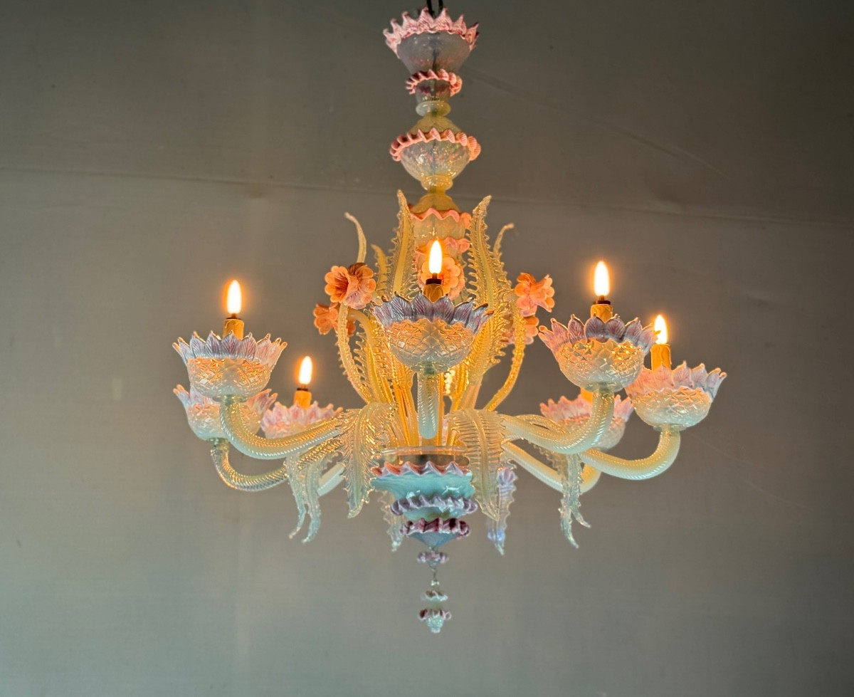 Venetian Chandelier In Blue And Pink Murano Glass, 8 Light Arms Circa 1940