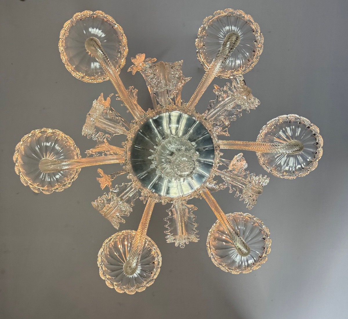 Venetian Chandelier In Colorless Murano Glass, 6 Light Arms, Circa 1940-photo-2