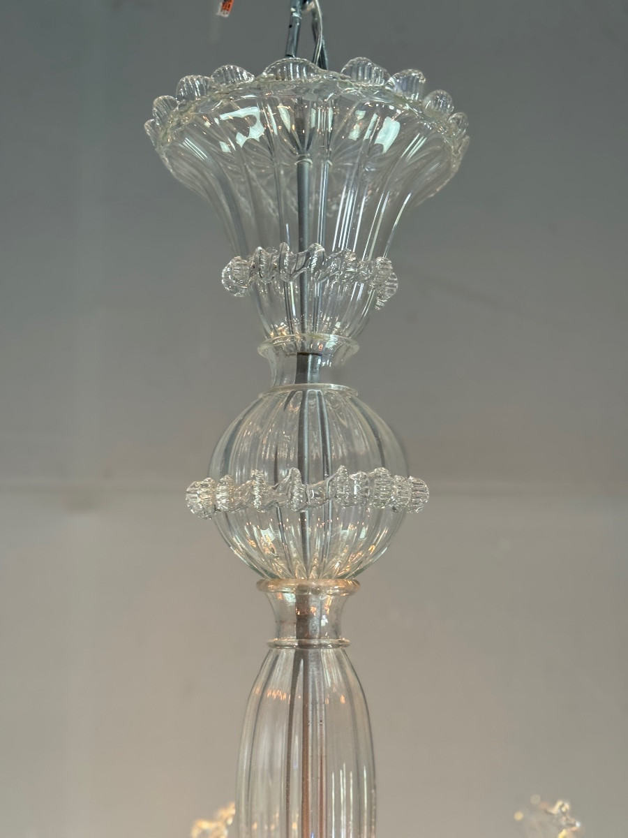 Venetian Chandelier In Colorless Murano Glass, 6 Light Arms, Circa 1940-photo-2