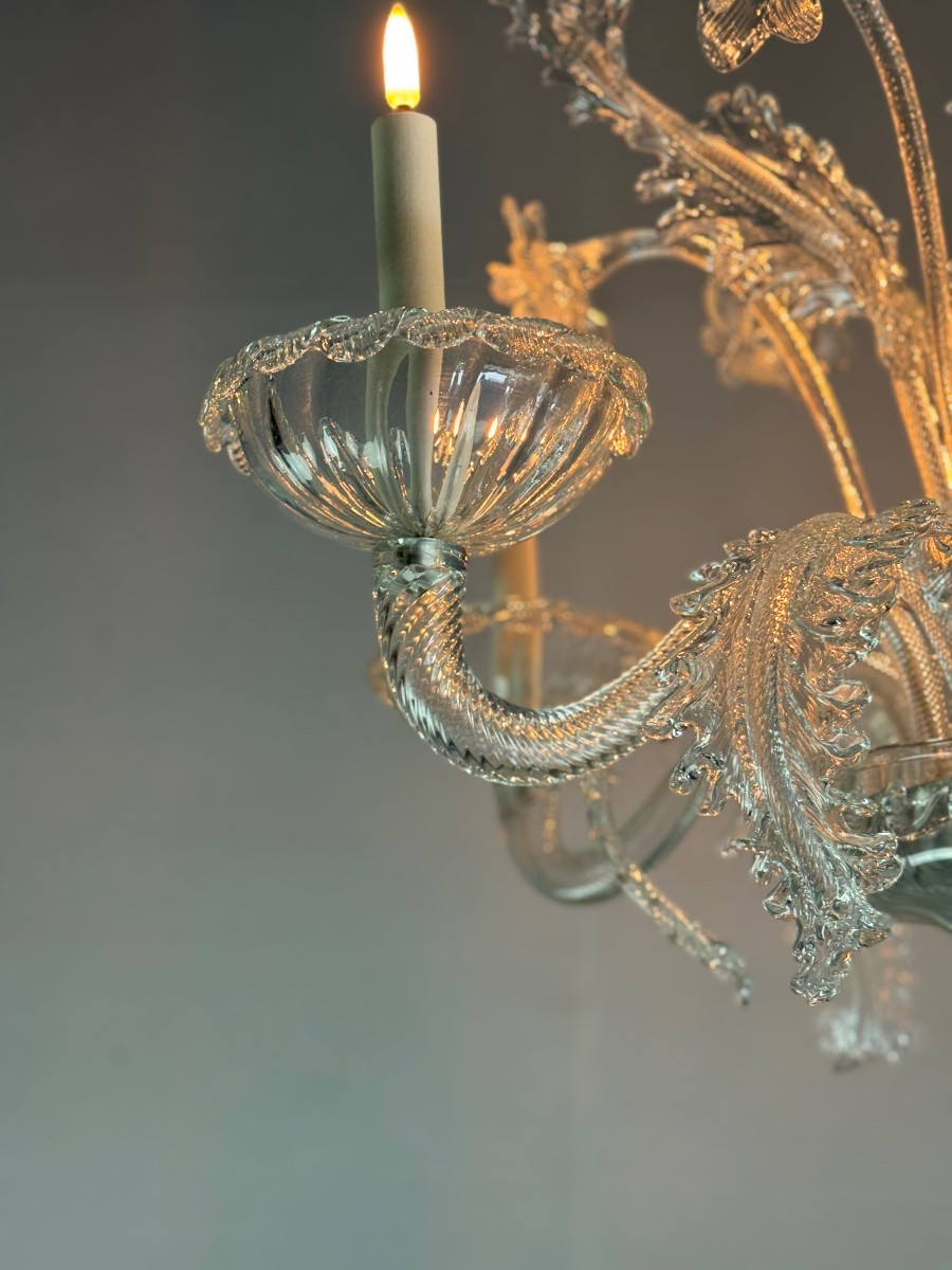 Venetian Chandelier In Colorless Murano Glass, 6 Light Arms, Circa 1940-photo-6