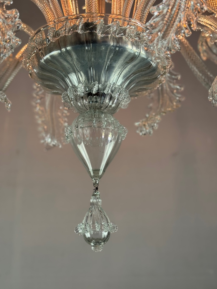 Venetian Chandelier In Colorless Murano Glass, 6 Light Arms, Circa 1940-photo-7