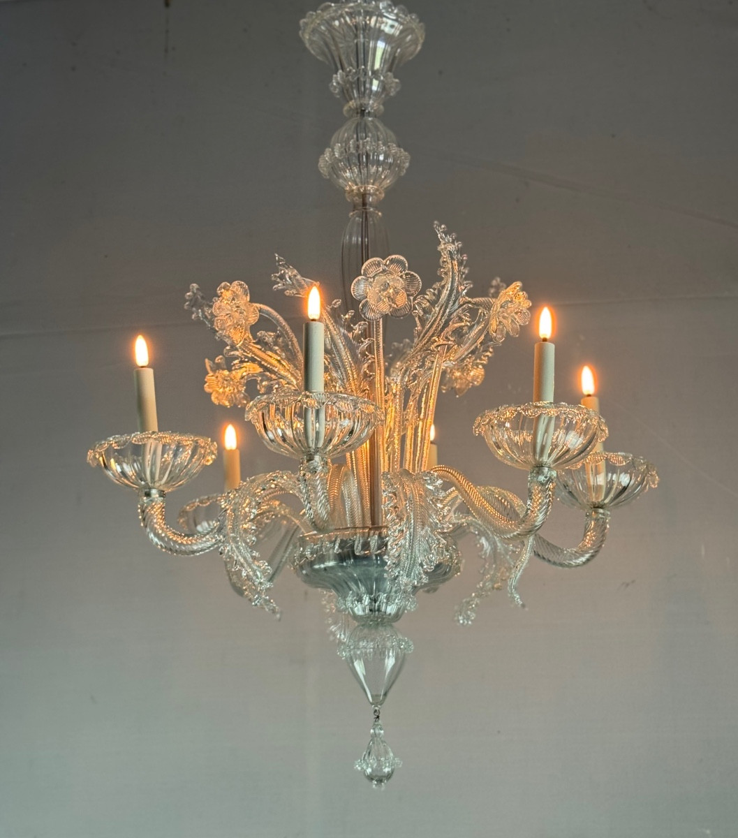 Venetian Chandelier In Colorless Murano Glass, 6 Light Arms, Circa 1940