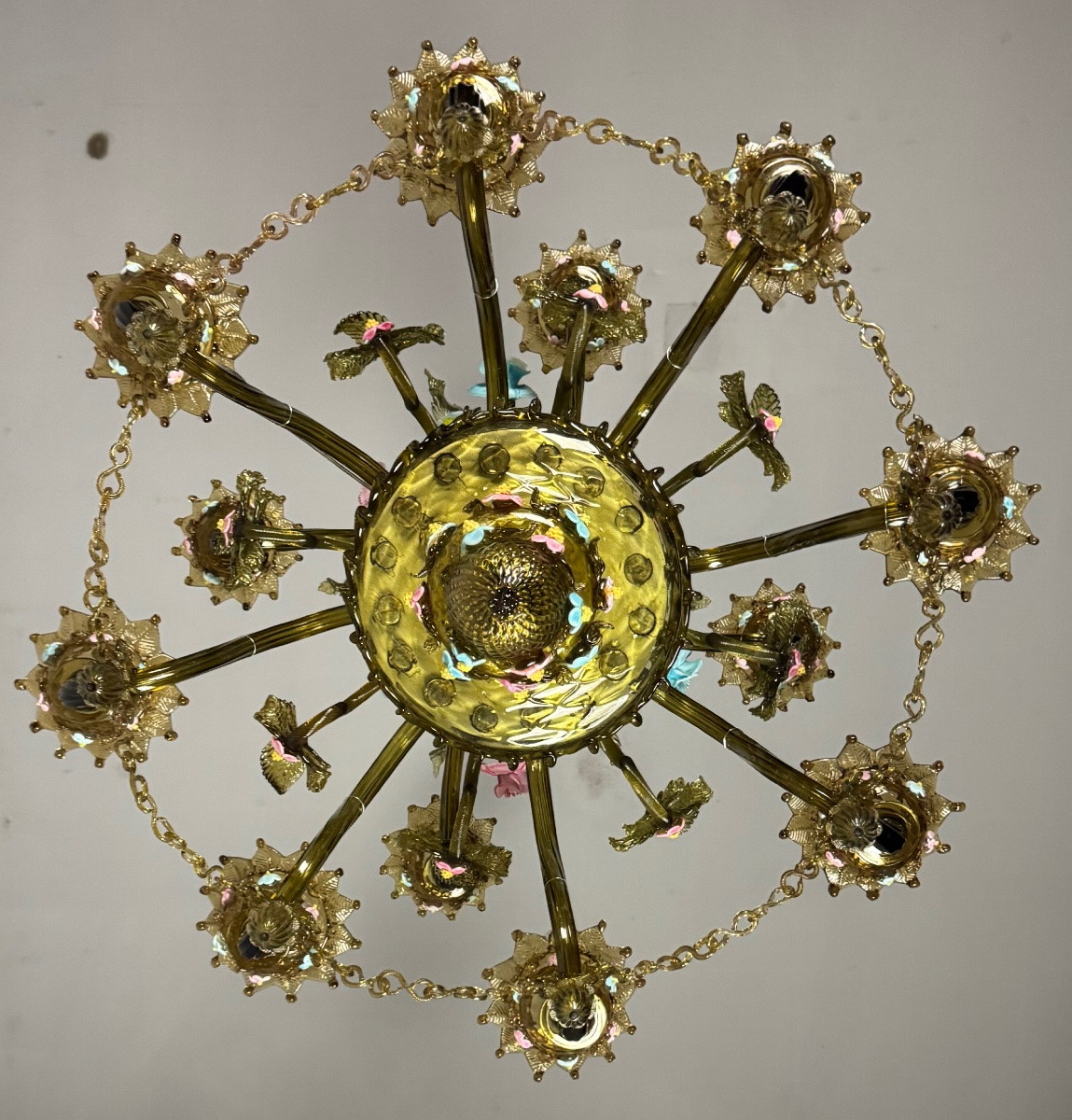 Venetian Chandelier In Multi-colored Murano Glass With A Green Dominant Color, 12 Light Arms, Circa 1880-photo-2