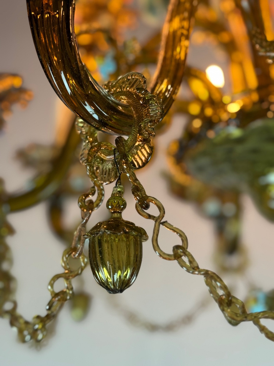 Venetian Chandelier In Multi-colored Murano Glass With A Green Dominant Color, 12 Light Arms, Circa 1880-photo-4