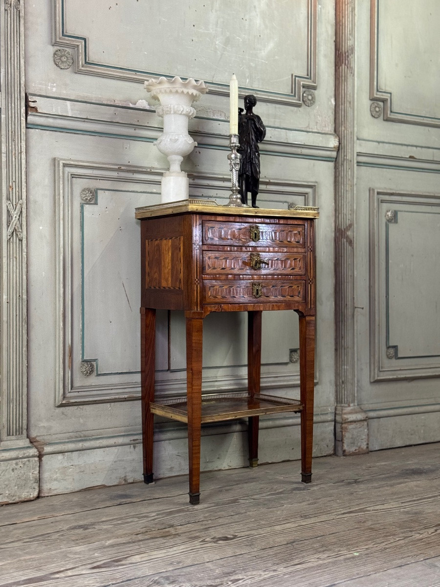 Louis XVI Side Table Or Chiffonnière In Veneered Wood, Brass Gallery, Late 18th Century-photo-2