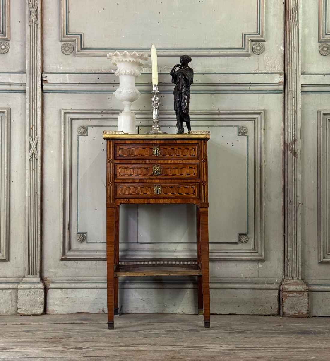 Louis XVI Side Table Or Chiffonnière In Veneered Wood, Brass Gallery, Late 18th Century-photo-3