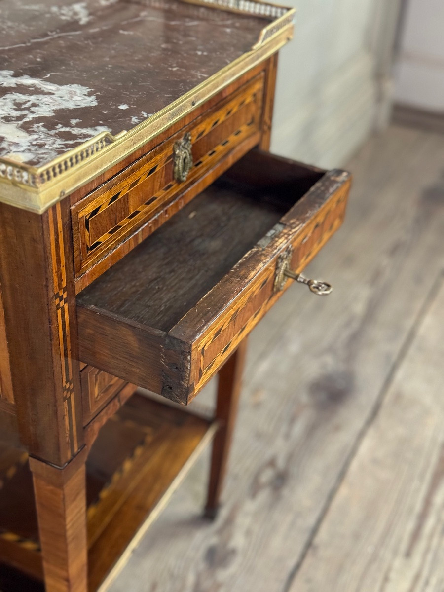 Louis XVI Side Table Or Chiffonnière In Veneered Wood, Brass Gallery, Late 18th Century-photo-4