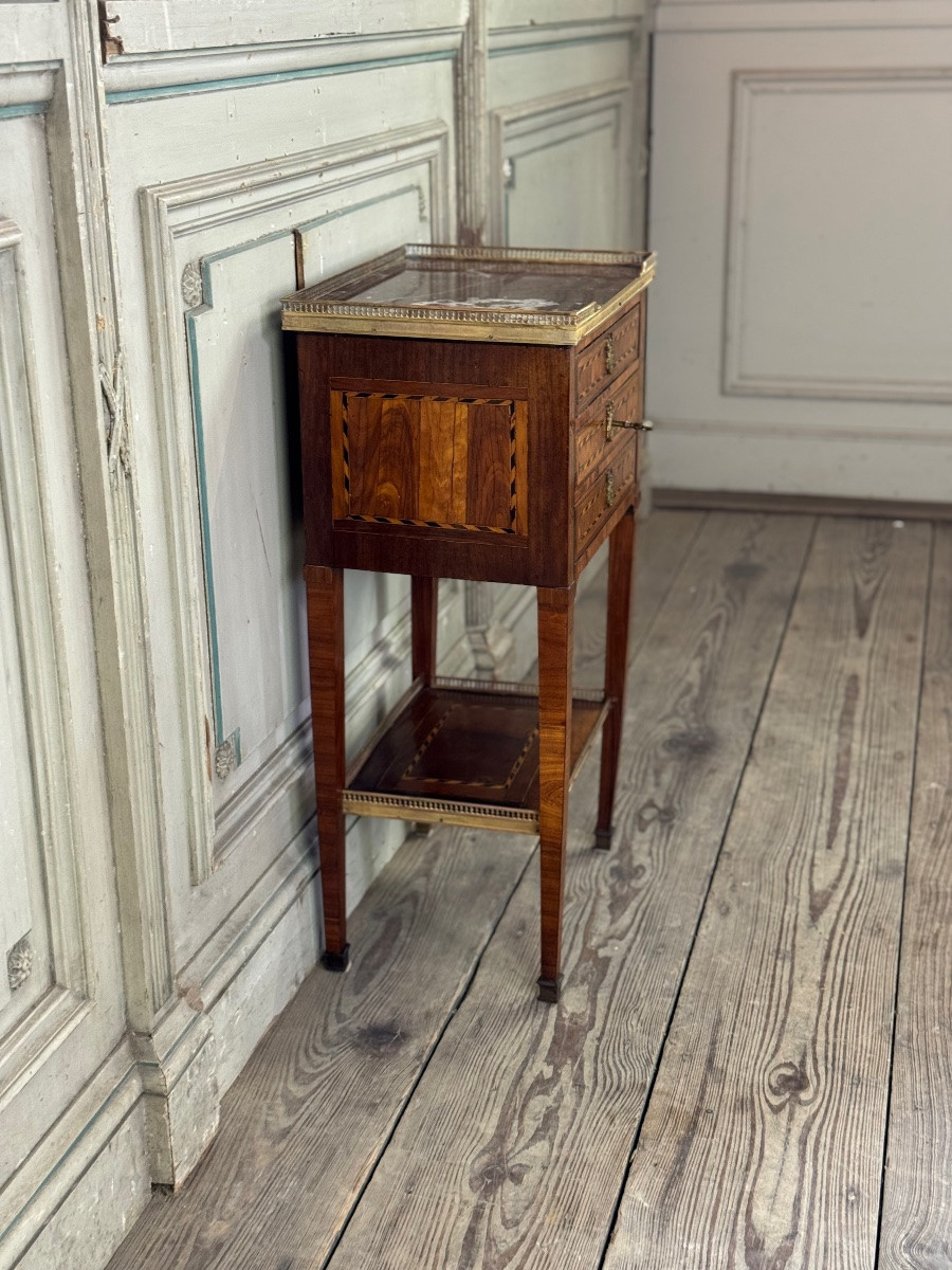 Louis XVI Side Table Or Chiffonnière In Veneered Wood, Brass Gallery, Late 18th Century-photo-7