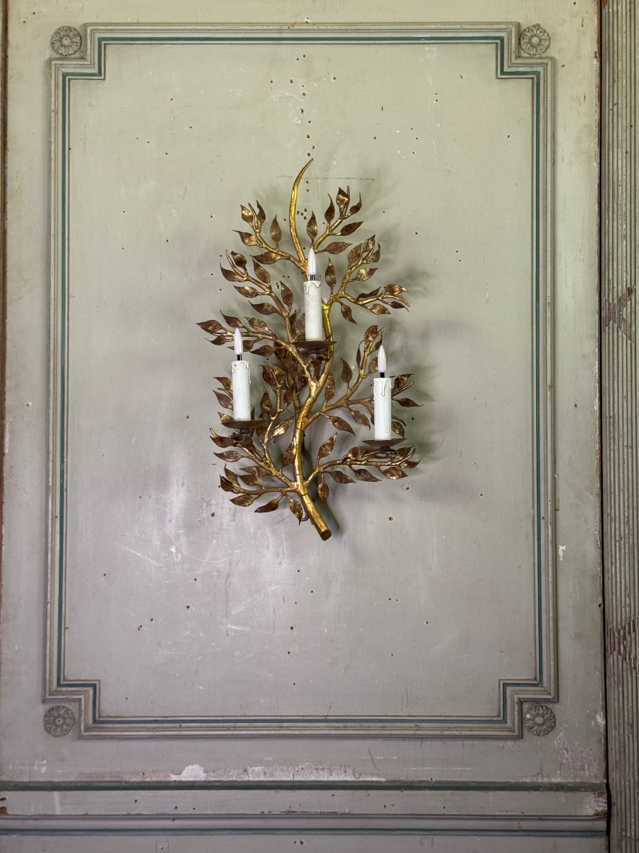 Gilded Metal Wall Lamp With Foliage, France Circa 1950 -photo-7