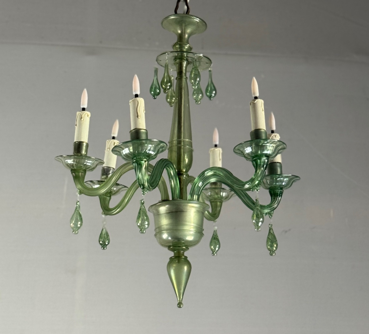 Lustre vénitien en verre de Murano vert, 6 bras de lumière, vers 1920 -photo-4