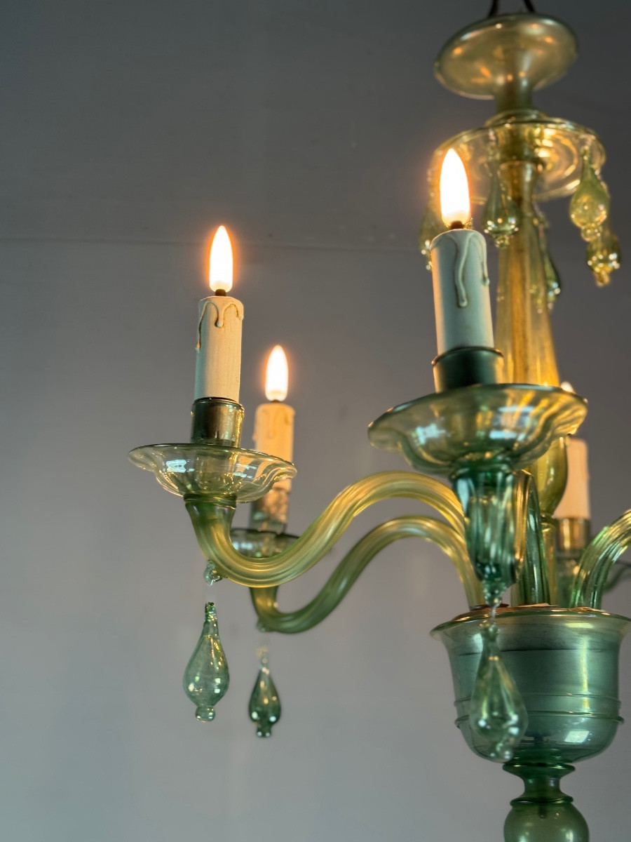 Lustre vénitien en verre de Murano vert, 6 bras de lumière, vers 1920 -photo-3
